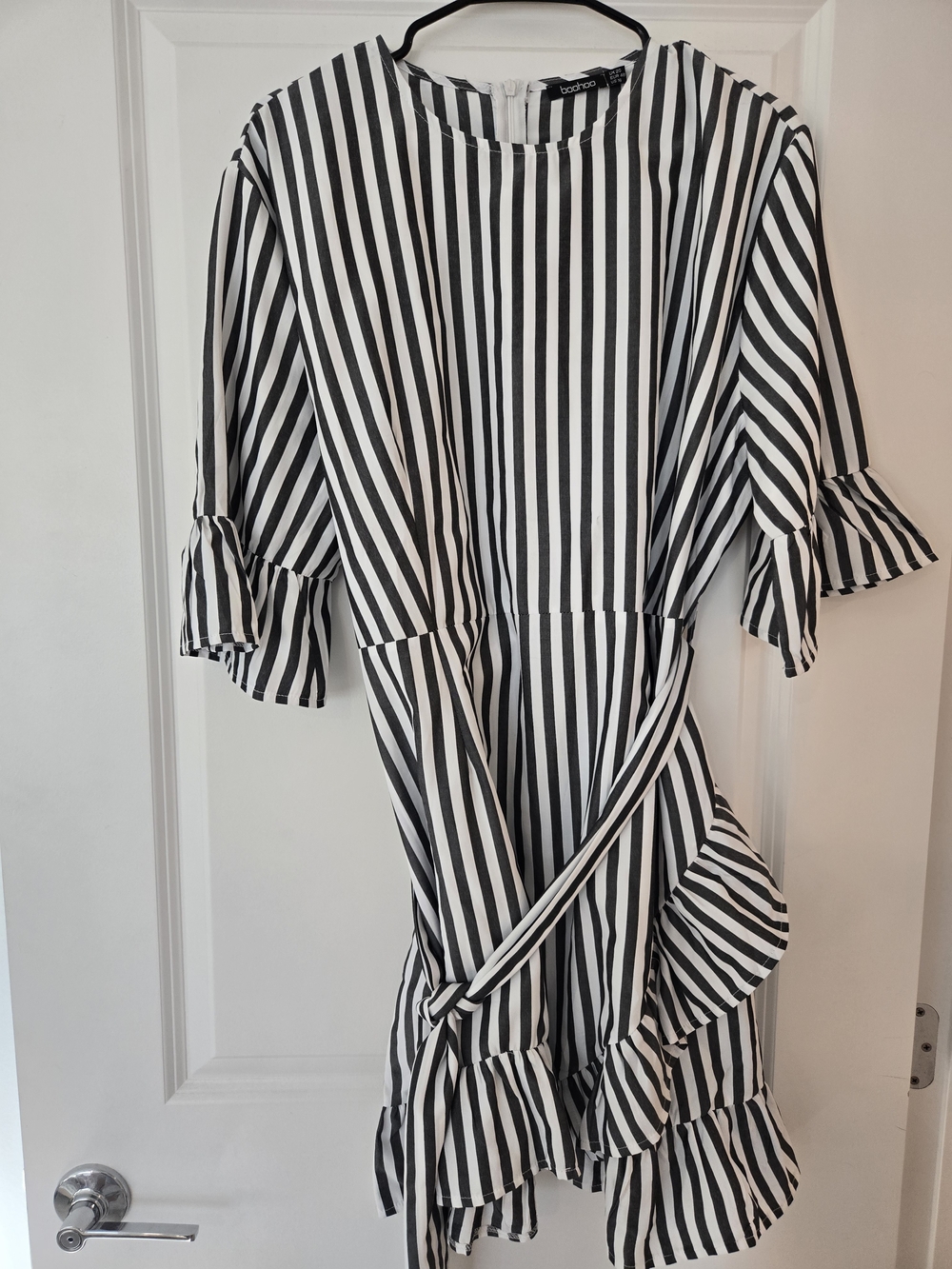 Boohoo Black & White Vertical Stripe Ruffle Mini Dress